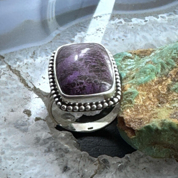 Sterling Southwestern Style Purpurite Decorated Bar Ring Size 8 For Women - Picture 4 of 10